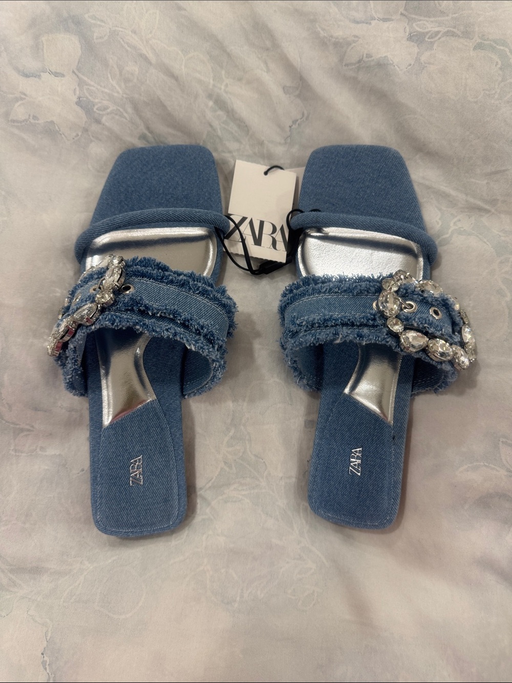 Zara Jeweled Denim Slide Sandals - Women - Picture 3 of 6